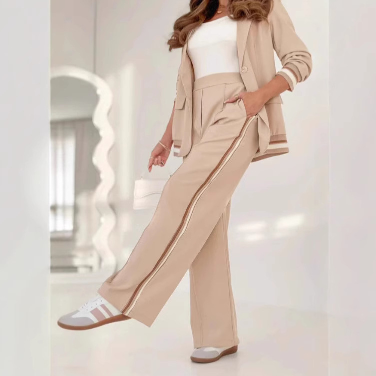 Women Suit Coat Pants Suit Lapel Long Sleeves Lady Jacket Wide Leg High Waist Trousers Female Commuting Office Outfit - Image 3