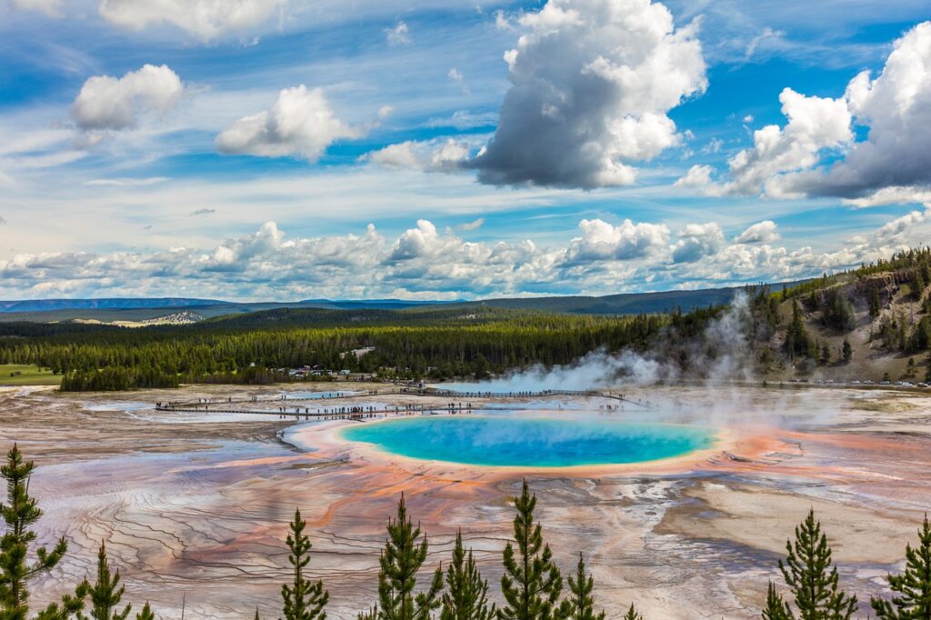 Scenic view of Yellowstone National Park with geysers, hot springs, and surrounding wilderness under a clear blue sky.